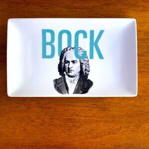 Crate &‎ Barrel BOCK/BACH Beer Style Rectangular Snack Plate White Porcelain